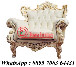 Kursi Sofa Ukiran Putih Emas Jok Kulit Sintetis